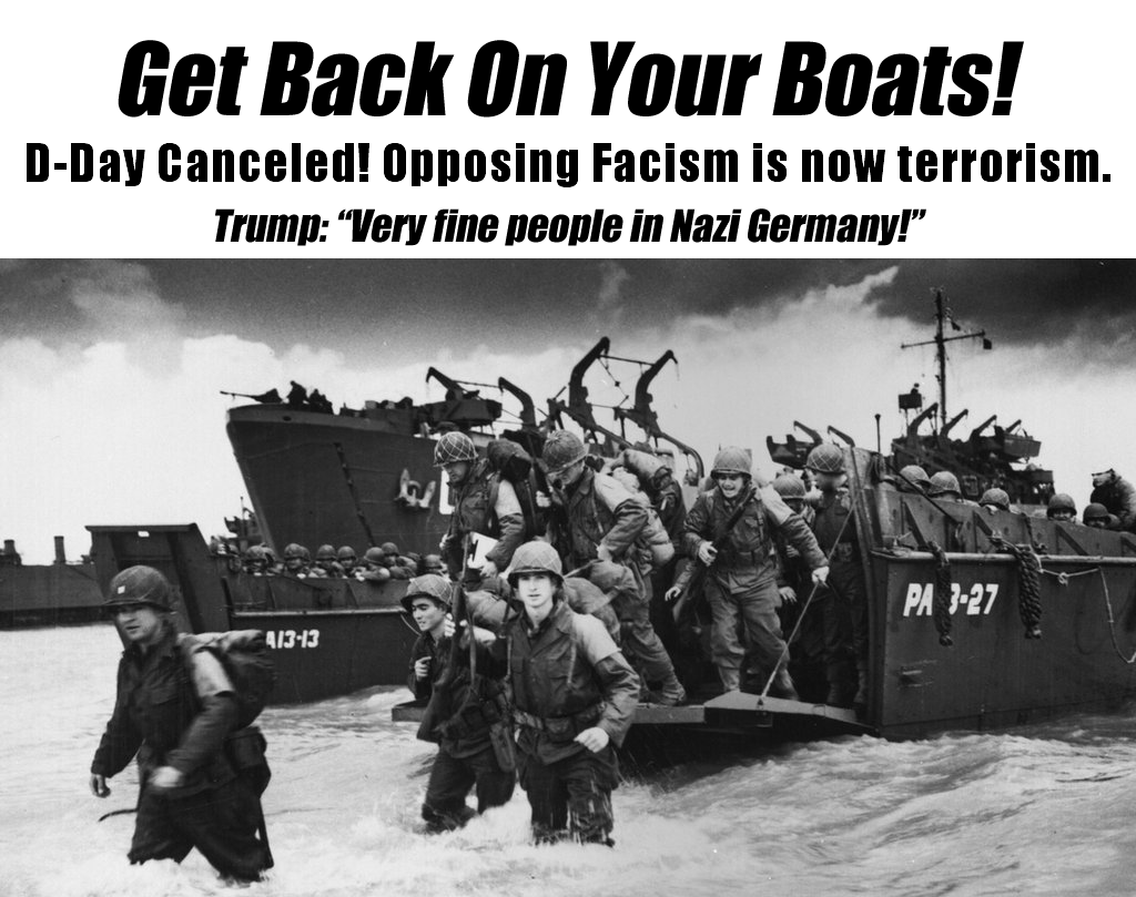 This meme is a humorous image with a quote from former US President Donald Trump. The image is likely a photo of a chaotic scene, such as a war or a disaster, with people in the foreground and a large boat or ship in the background. The text overlayed on the image reads: "Get Back On Your Boats!"